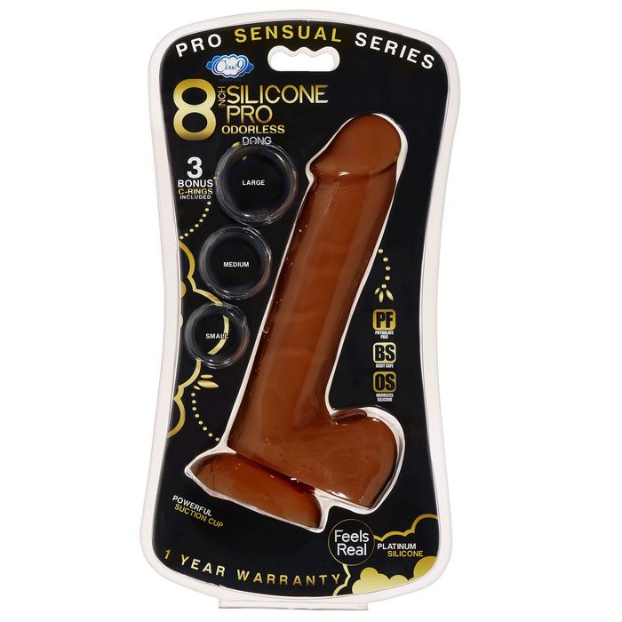 Pro Sensual Premium Silicone Dong with 3 Bonus C-Rings Brown 8 inches. 