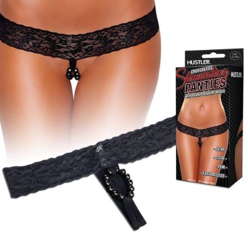 CROTCHLESS VIBRATING PANTIES W PEARL BEADS BLACK S/M 