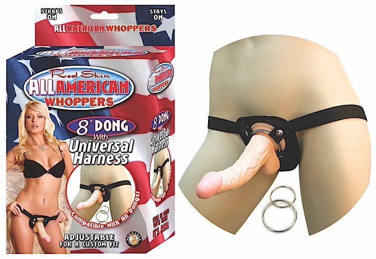 ALL AMERICAN 8IN DONG W/UNIVERSAL HARNESS FLESH  