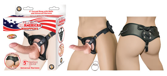 ALL AMERICAN WHOPPERS 5 CURVED DONG W BALLS FLESH & UNIVERSAL HARNESS 