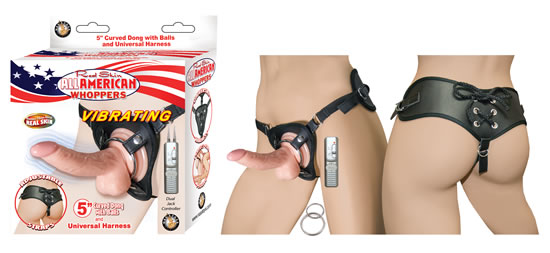 ALL AMERICAN WHOPPERS 5 VIBRATING CURVED DONG W/BALLS FLESH & UNIVERSAL HARNESS" 