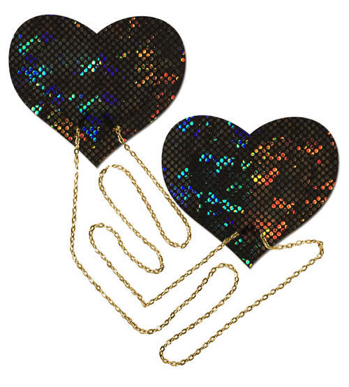 BLACK SHATTERED DISCO BALL HEART W/ GOLD CHAINS PASTIES 