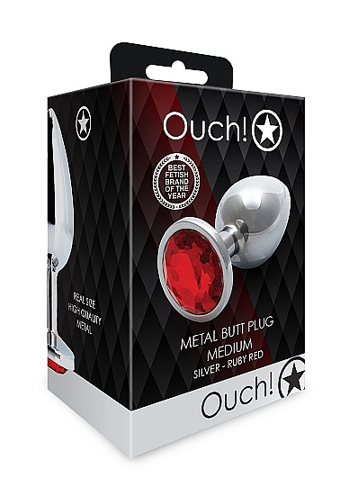 Round Gem Butt Plug Medium Silver Ruby - Red - Image 2