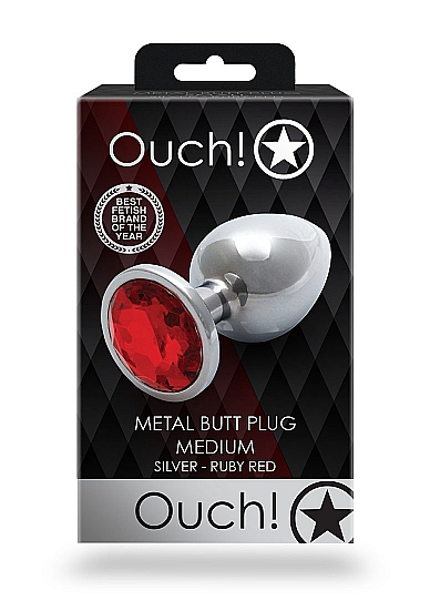 Round Gem Butt Plug Medium Silver Ruby - Red - Image 3