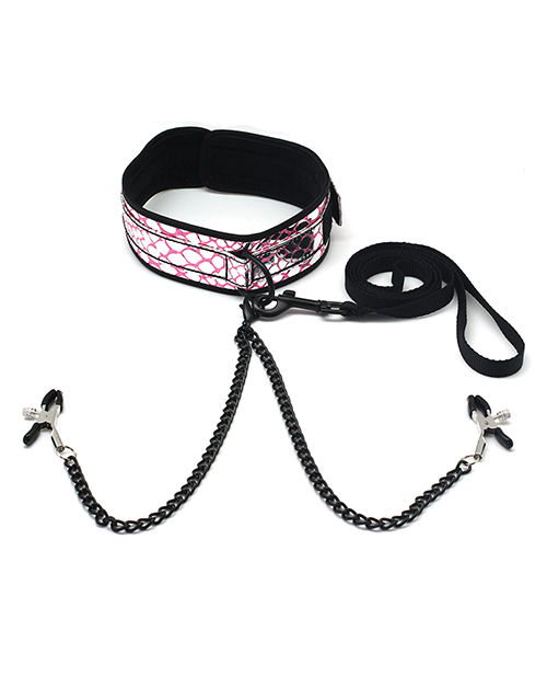 COLLAR W/ NIPPLE CLAMPS- FAUX LEATHER PINK 