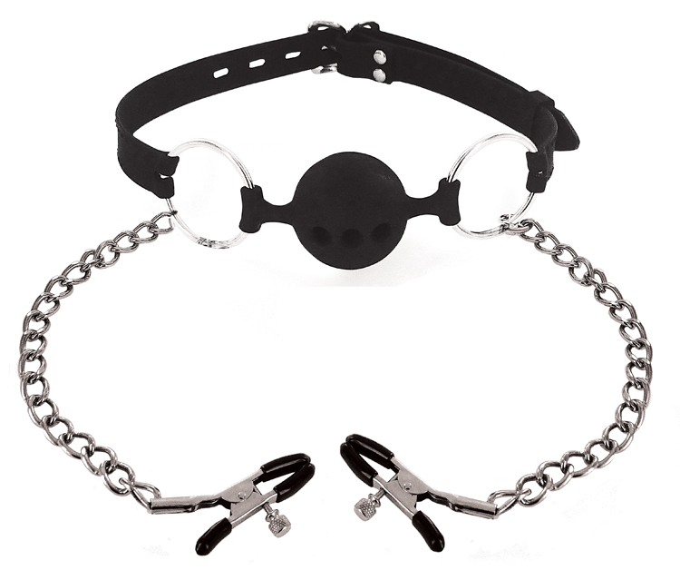 Ball Gag Silicone With Nipple Clamps - XRAD699