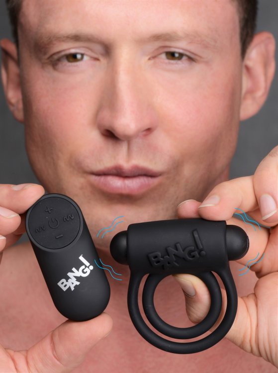 BANG! SILICONE COCK RING & BULLET W/ REMOTE - BLACK 