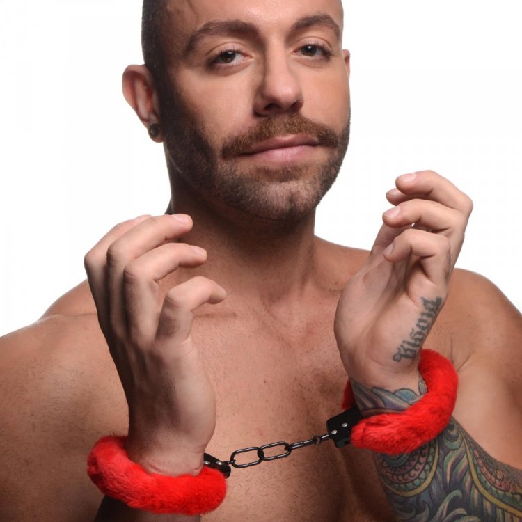 MASTER SERIES CUFFED IN FUR FURRY HANDCUFFS RED - XRAG937RED